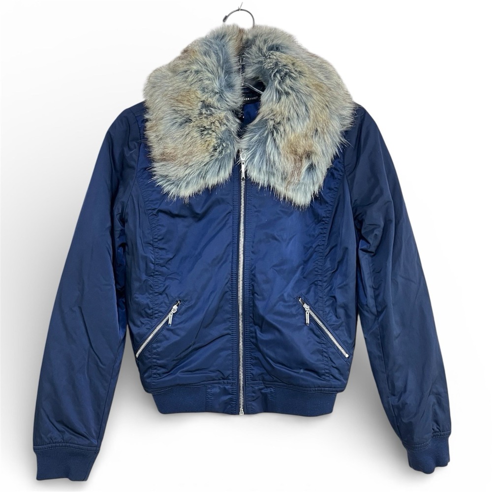 WHBM Penny Lane Bomber Jacket XXS Navy Blue Removable Fur Collar Y2K Style Retro